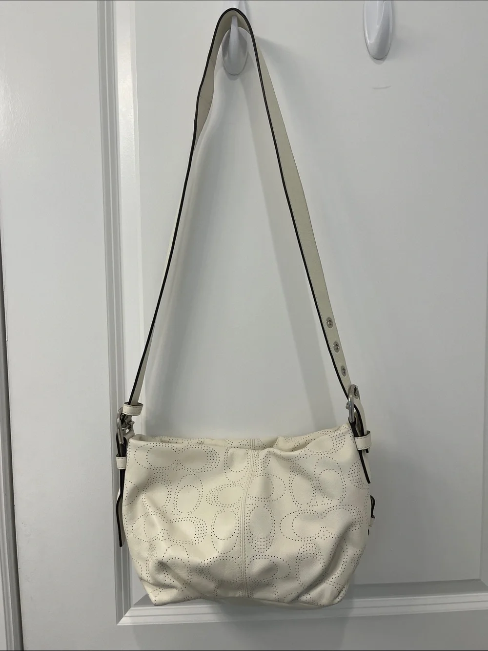 Coach Off White Perforated Signature Leather Shoulder Bag Pink Lining